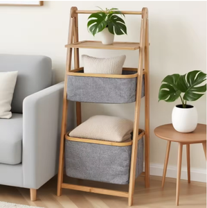Foldable Bamboo Storage Shelving <b>Laundry</b> <b>Baskets</b> Tiered Organizer - Product Image 4