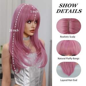 <span class=keywords><strong>Perruque</strong></span> longue et droite rose avec frange pour <span class=keywords><strong>femme</strong></span>, 26 pouces, rose néon, résistante à la chaleur, superposée, sexy, colorée, rose doré, pour cosplay - Product Image 3