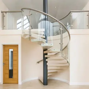 stainless steel interior curved glass wood stairs /punched hole metal railing/laminated glass glass stairs