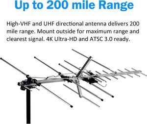 Antenne satellite Yagi intérieure/extérieure cinq étoiles avec portée de 200 milles, HD 1080P, radio numérique <span class=keywords><strong>OTA</strong></span>/FM, montage sur grenier/toit/poteau - Product Image 2