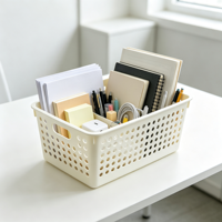 Panier de rangement de bureau en plastique blanc carré avec poignées, bac organisateur creux pour fournitures de bureau et documents