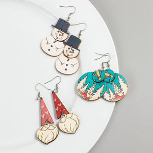 Vintage Weihnachts schmuck Bunte Frucht blumen Schneemann Elch Netter Vogel Winter Schneeflocke Kiefer hohle geometrische Holz Tropfen Ohrringe - Product Image 4