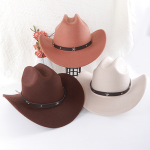 Sombrero de Vaquero de Poliéster con Ala Ancha y Cinturón con Estrella, Estilo Artístico Retro, Protección Solar, Cálido y a la Moda - Product Image 3