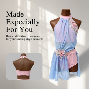 Traje de Danza Contemporánea Rosa y Azul con Cuello Halter y Pedrería para Niñas, Ideal para Competencias y Presentaciones - Product Image 1
