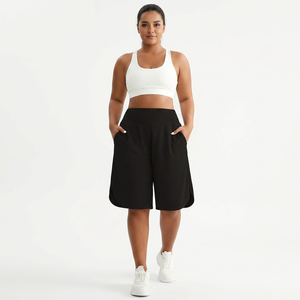 Shorts Bermuda Femme Décontractés Noir Uni Taille Haute Anti-Frottement Élastique avec Poches Coupe Ample en Tricot Spandex Polyester - Product Image 2