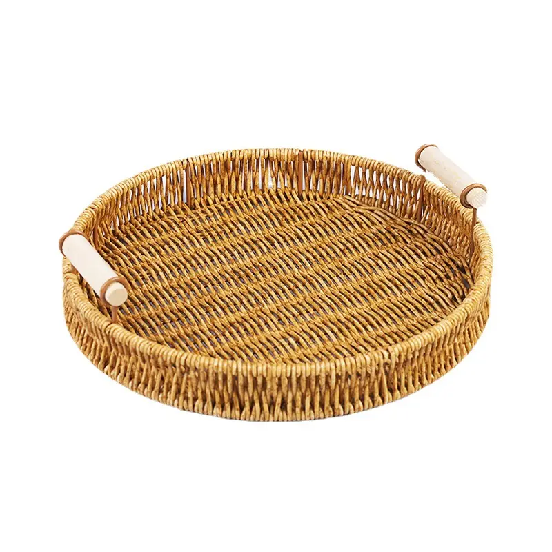 Hand-Woven Rattan Storage Tray Round Wicker Basket with Handle for Bread Fruit Food Breakfast Household Storage