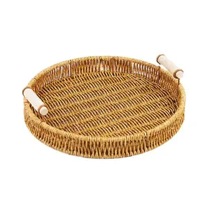 Vassoio Portaoggetti in Rattan Intrecciato a Mano, Cesto Rotondo in Vimini con Manico <span class=keywords><strong>per</strong></span> <span class=keywords><strong>Pane</strong></span>, Frutta, Cibo, Colazione e Conservazione Domestica - Product Image 1