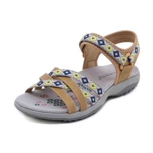Sandales décontractées d'été pour <span class=keywords><strong>femme</strong></span>, à bout ouvert, avec logo personnalisé, sangles mixtes tissées et fermeture Velcro, couleur beige-gris, semelle ondulée profilée, pour activités de plein air - Product Image 2