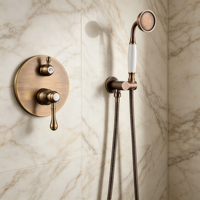 Système de douche encastré HONGDEC en laiton antique, mitigeur chaud/froid à deux poignées, ensemble de douche à main en céramique blanche pour salle de bain