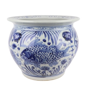 RZSD03 Pot de fleurs en céramique bleu et blanc à motif de poisson <span class=keywords><strong>avec</strong></span> tête de lion pour l'intérieur et le jardin <span class=keywords><strong>Réservoir</strong></span> <span class=keywords><strong>d</strong></span>'<span class=keywords><strong>eau</strong></span> - Product Image 1