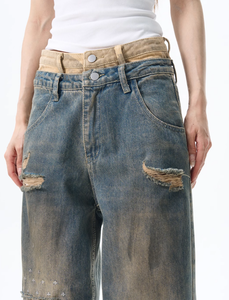 Vintage <strong>Yellow</strong> Mud Dyed Ripped <strong>Jeans</strong> for <strong>Women</strong> Loose Straight-Leg Two-Piece Pants American Decadent Streetwear Casual Denim Hole - Product Image 4