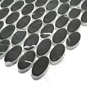 Sunwings ubin mosaik kaca daur ulang | Stok di AS | Marmer Oval hitam terlihat mosaik ubin dinding dan lantai