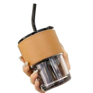 Tasse en bambou de grande capacité avec couvercle Tasse en paille simple Couverture en cuir Tasse à café avec couvercle Ménage Bureau Verre de haute beauté - Product Image 1