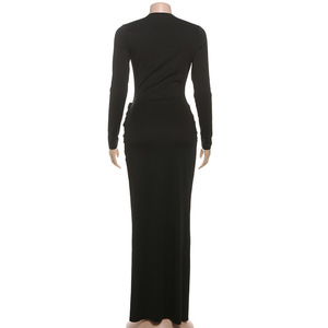 <span class=keywords><strong>Abbigliamento</strong></span> <span class=keywords><strong>donna</strong></span> alla moda 2026 manica lunga profondo scollo a v lato Modulare alta Casual Maxi abito lungo solido - Product Image 6