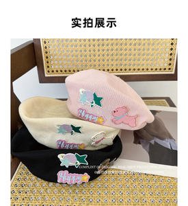 Haute qualité rose <span class=keywords><strong>petit</strong></span> chien <span class=keywords><strong>béret</strong></span> femmes polyvalent Style rétro tricoté lin artiste chapeau perle eau diamant fleur pour les fêtes - Product Image 3