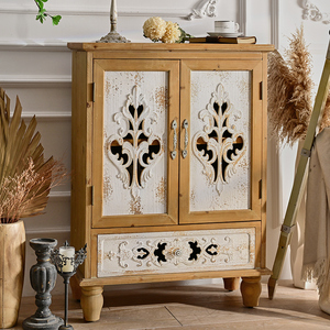 Farmhouse Vintage Storage Unit Flower Carved <b>Rustic</b> Wooden Living Room <b>Cabinet</b> with White 2 Door 1 Drawer - Product Image 2
