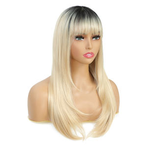 Perruques frontales lisses synthétiques à la mode, perruques frontales lisses <span class=keywords><strong>avec</strong></span> <span class=keywords><strong>frange</strong></span> attachées à la main <span class=keywords><strong>avec</strong></span> une extrémité lisse Blonde grise Ombre <span class=keywords><strong>2022</strong></span> - Product Image 3