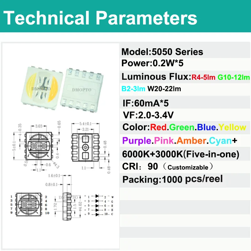 5050 RGB luzes LED cinco em um iluminação inteligente lâmpada ambiente branco positivo branco quente