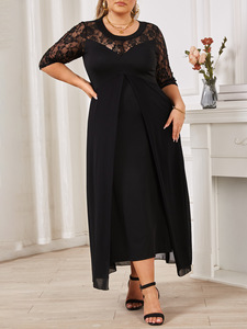 Nouveau design de mode d'<span class=keywords><strong>été</strong></span> Dentelle florale <span class=keywords><strong>noire</strong></span> Col rond Demi-manches Minceur Robes longues grande taille pour femmes - Product Image 5