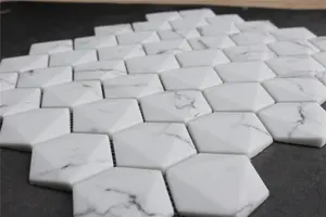 การพิมพ์อิงค์เจ็ทที่กำหนดเอง3D การออกแบบสีขาวหกเหลี่ยมแก้วหินอ่อนดูกระเบื้องโมเสคสำหรับผนัง