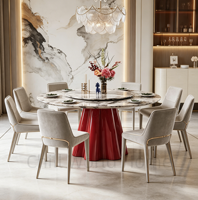 Table à manger ronde de luxe, plateau en pierre frittée marbrée, base rouge, design moderne pour la maison, l'hôtel, le restaurant