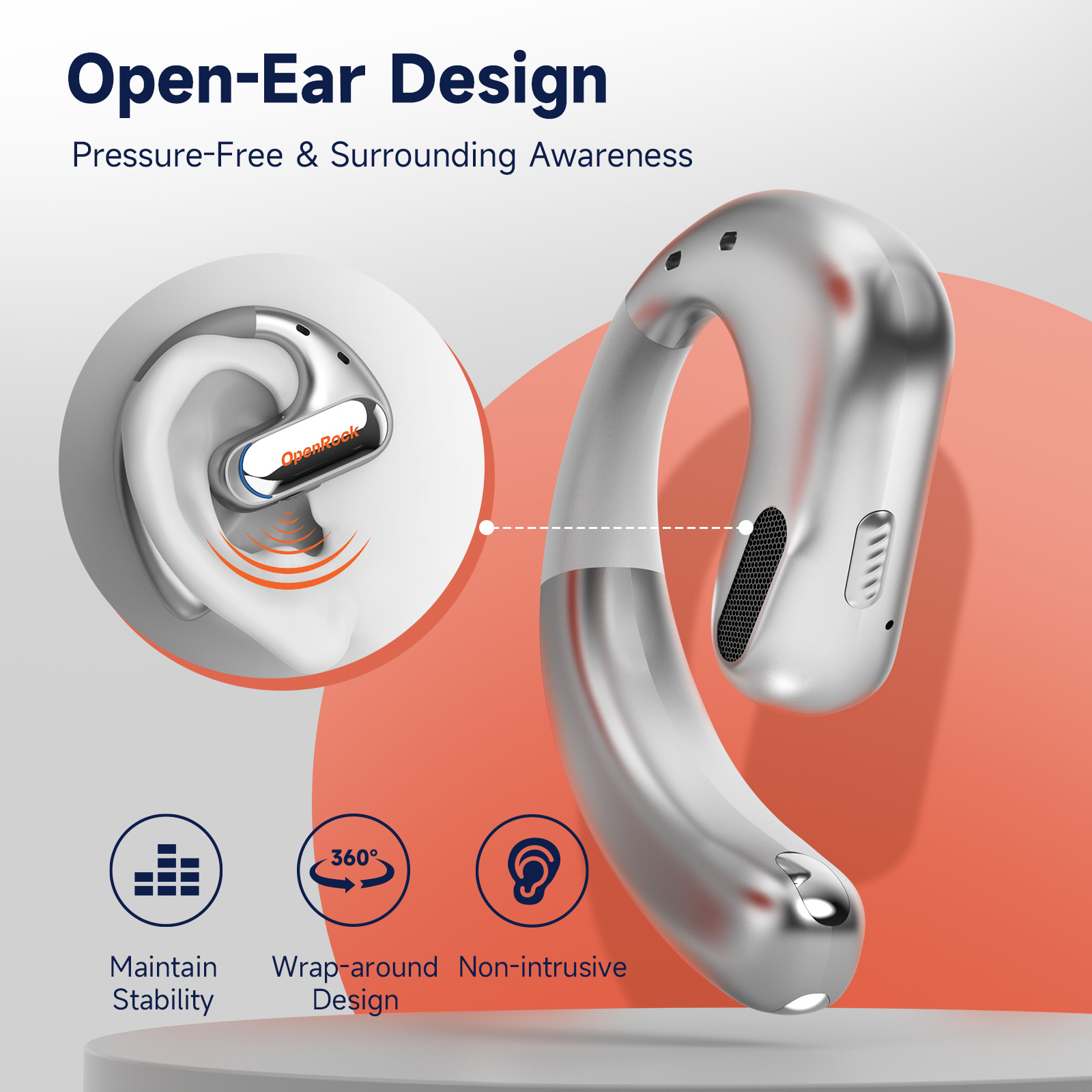 ORANGLES OpenRock Open-Ear Wireless Earbuds | Ear Hook Design, Long Battery Life, Secure Fit, Bluetooth (Silver) - full product showcase - displaying specifications - Image 5 of 6 | adapts to any space | OpenRock Open-Ear Wireless Earbuds | Ear Hook Design, Long Battery Life, Secure Fit, Bluetooth (Silver) deal New Jersey | Free Shipping ORANGLES
