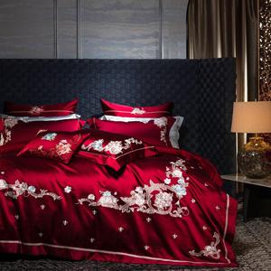 Parure de <span class=keywords><strong>lit</strong></span> haut de gamme en coton 140S brodé motif végétal 300 fils/cm², drap-<span class=keywords><strong>housse</strong></span> King Size rouge, linge de maison, taie d'oreiller - Product Image 2