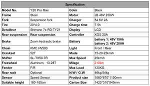 Bicicletas eléctricas <span class=keywords><strong>con</strong></span> neumáticos gruesos <span class=keywords><strong>de</strong></span> 20 pulgadas, 48V 250W Y20 Pro Max, <span class=keywords><strong>bicicleta</strong></span> eléctrica <span class=keywords><strong>con</strong></span> doble batería, suspensión <span class=keywords><strong>trasera</strong></span>, libre <span class=keywords><strong>de</strong></span> impuestos, en stock en la UE. - Product Image 4