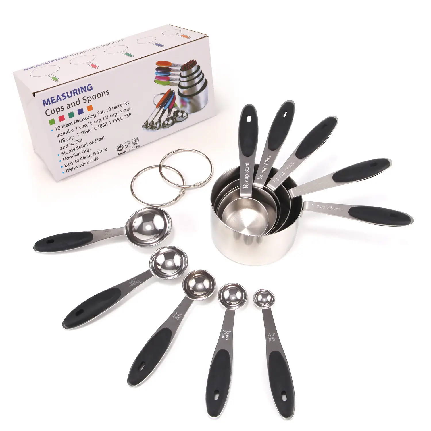 Kitchen baking tools spoon measurements 10 pieces stainless steel measuring cups and spoons set for Gift Dry Liquid Ingredients