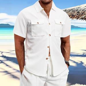 Chemise décontractée d'été pour homme à manches courtes en tissu gaufré, couleur unie, col boutonné, poche, respirante, coupe décontractée - Product Image 2