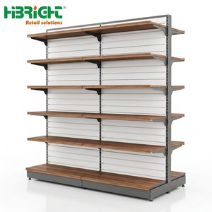 Étagères de supermarché modernes en acier blanc avec cadre imitation bois, présentoirs de vente au détail pour supermarché - Product Image 4
