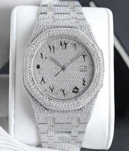 Mens Luxury Iced-Out <b>Arabic</b> Dial Watch Glass Crystal Moissanite Stones Stainless Steel <b>Bracelet</b> 10 Bar Water Resistant - Product Image 1