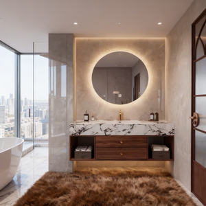 Mueble de Baño de Madera Contrachapada Sólida con Cajones y Estantes Abiertos, Encimera de Piedra, Gabinete de Almacenamiento con Lavabo - Product Image 2