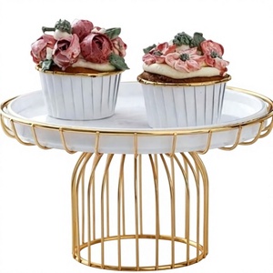 Round Metal Cake Stand with Gold Wire Base and White <b>Tray</b> Reusable Dessert Display Plate for Wedding Birthday Party Centerpiece - Product Image 1