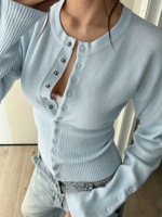 Damen Strickjacke mit Rundhalsausschnitt, Knopfleiste, Langen Ärmeln, Geripptem Taillenbund, Lässiger Herbst-Winter Großhandels-Pullover
