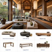 Ensemble de mobilier de style japonais pour hall d'hôtel avec canapé, table basse en pierre, comptoir de réception, banc et buffet pour complexes hôteliers