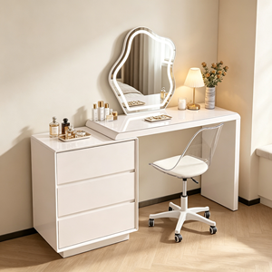 Ensemble de coiffeuse extensible blanc mat avec miroir LED nuage irrégulier, commode à 3 tiroirs, chaise de bureau transparente à roulettes et bureau de maquillage pour chambre - Product Image 1