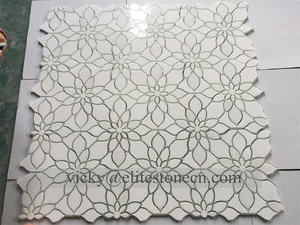 Mosaïque <span class=keywords><strong>de</strong></span> marbre Thassos blanc mélangé à du verre miroir argenté, motif <span class=keywords><strong>de</strong></span> champ <span class=keywords><strong>de</strong></span> marguerites, pour mur décoratif - Product Image 6