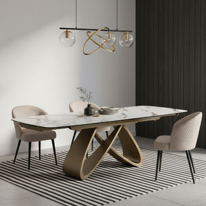 Ensemble de <span class=keywords><strong>table</strong></span> à manger extensible 6 places, style nordique moderne, plateau en pierre frittée, base dorée - Product Image 4