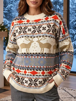 Pull en tricot Fair Isle pour femme, hiver 2026, col rond, manches longues, motif renne, 100% polyester, pull de Noël