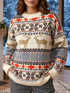 Women's Fair Isle Knit Sweater 2026 Winter Crew Neck Long Sleeve Reindeer Pattern Pullover 100% Polyester <strong>Christmas</strong> <strong>Jumper</strong> - Product Image 1