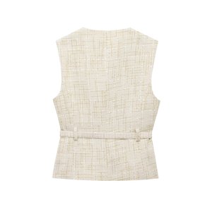 Nuevo Chaleco Texturizado con Lentejuelas y Cinturón, Estilo Europeo Americano, Diseño Francés, para Mujer, Primavera-Otoño - Product Image 3