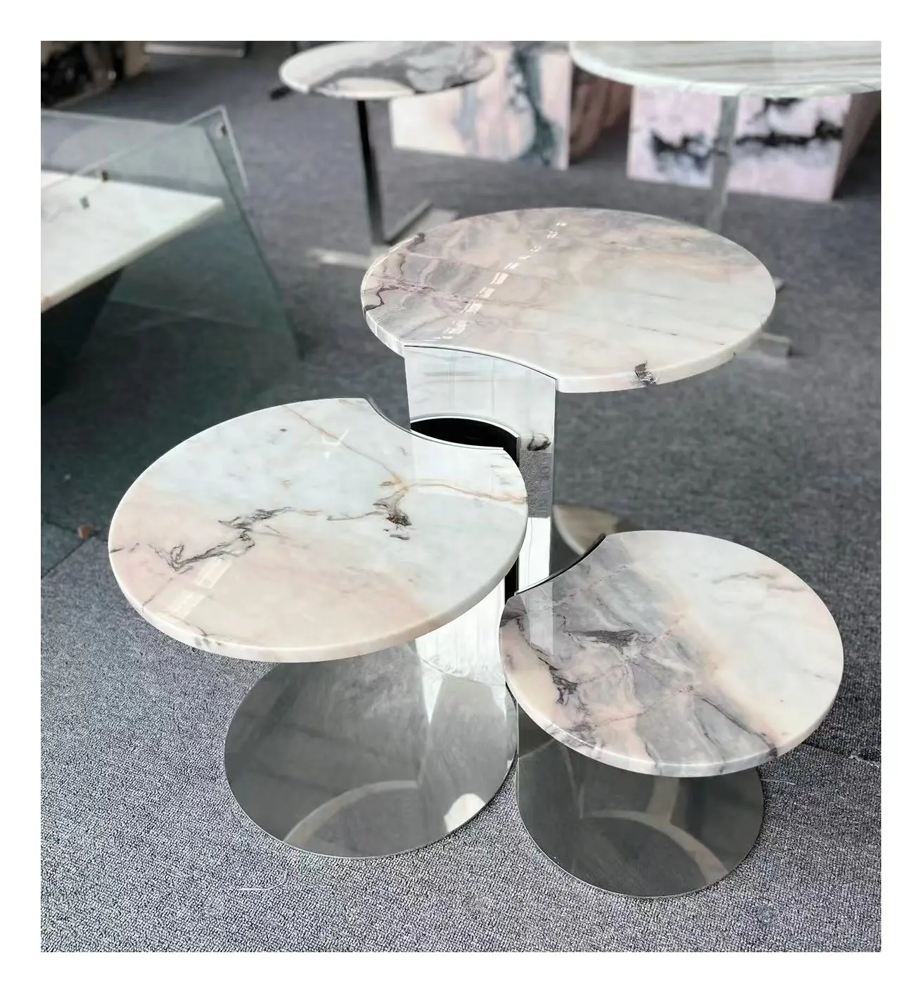 스테인레스 스틸 핑크 대리석 사이드 테이블 3pcs 테이블 세트 장식 현대 스테인레스 스틸 코너 테이블