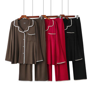 PJ-051 Modal Long Sleeve Women's Pajama <b>Set</b> Collar Embroidery Trim Spring/Autumn <b>Knitted</b> Loungewear Simple - Product Image 1