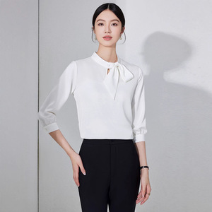 Women's Chiffon Blouse Mid Sleeve White Tie Front Slim Fit Workwear Solid Color Polyester Comfortable Shirt - Product Image 3