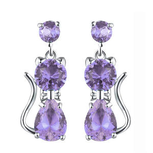 Pendientes colgantes de gato azul zafiro E3821 para mujer, joyería de aleación, regalo, pendientes de moda con piedras redondas de corte brillante y engaste de garra. - Product Image 1