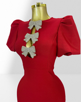 Robe Chic 2026 avec Nœud en Strass et Manches Bouffantes : Robe Moulante Bandage Élégante à Découpes pour Soirée et Cérémonie pour Femme
