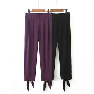 Pantalones de crepé morados para mujer Happy Hut con abertura y cremallera, talla grande, transpirables, de nueve puntos, para mujeres con curvas - Product Image 3