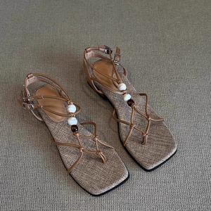 En stock – Sandales d'été décontractées pour femme à talon carré, élégantes, à bout carré, polyvalentes, à brides fines croisées, ornées de perles, à bout ouvert - Product Image 1