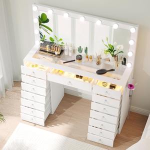 Coiffeuse <span class=keywords><strong>de</strong></span> <span class=keywords><strong>Maquillage</strong></span> <span class=keywords><strong>de</strong></span> Luxe en Bois Blanc <span class=keywords><strong>avec</strong></span> <span class=keywords><strong>Miroir</strong></span> <span class=keywords><strong>Lumineux</strong></span>, Plateau en Verre, Éclairage RVB Intelligent et 15 Tiroirs pour Chambre à Coucher – MOQ 100 en Gros - Product Image 5